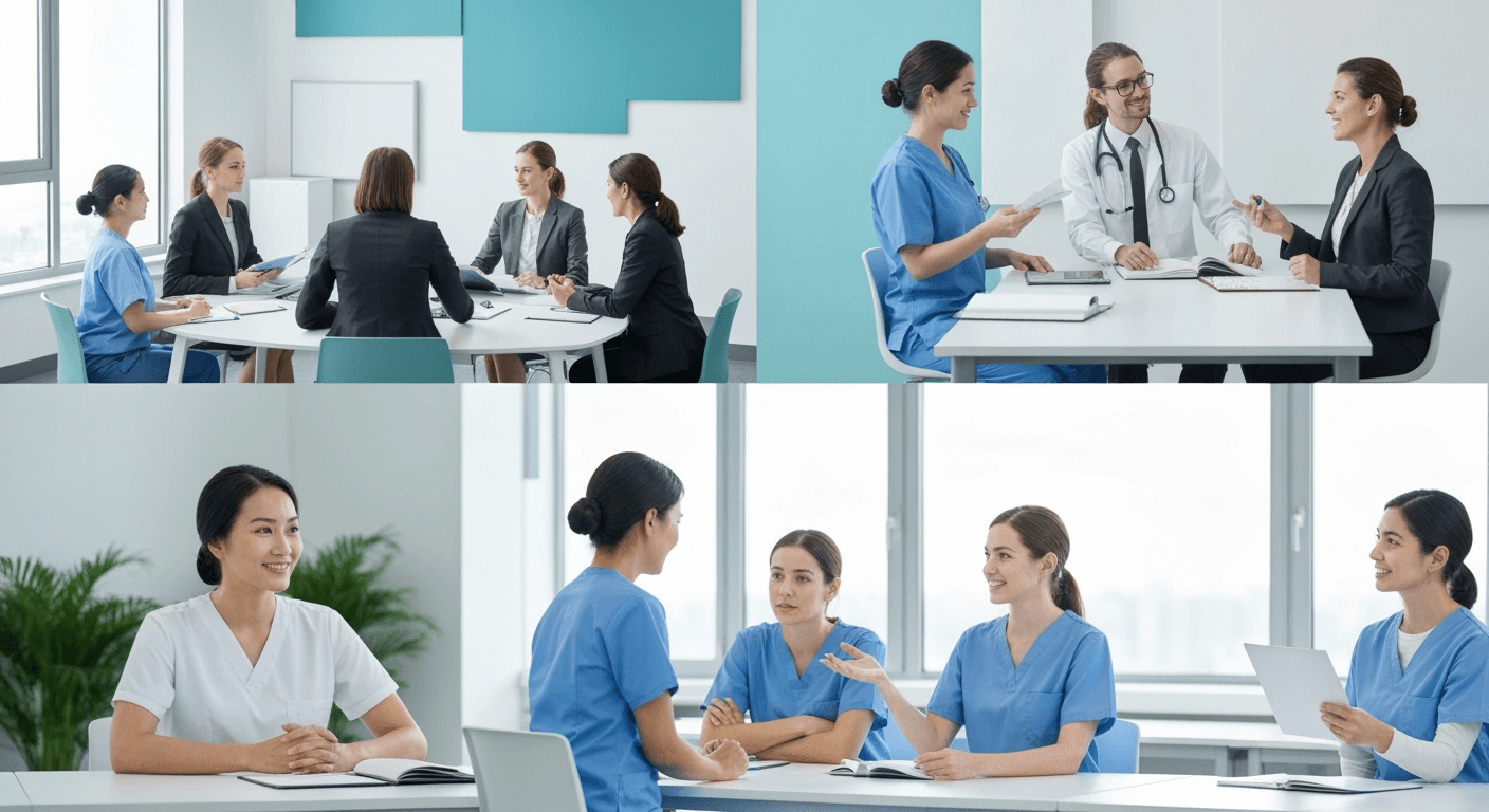 Diverse nursing professionals collaborating